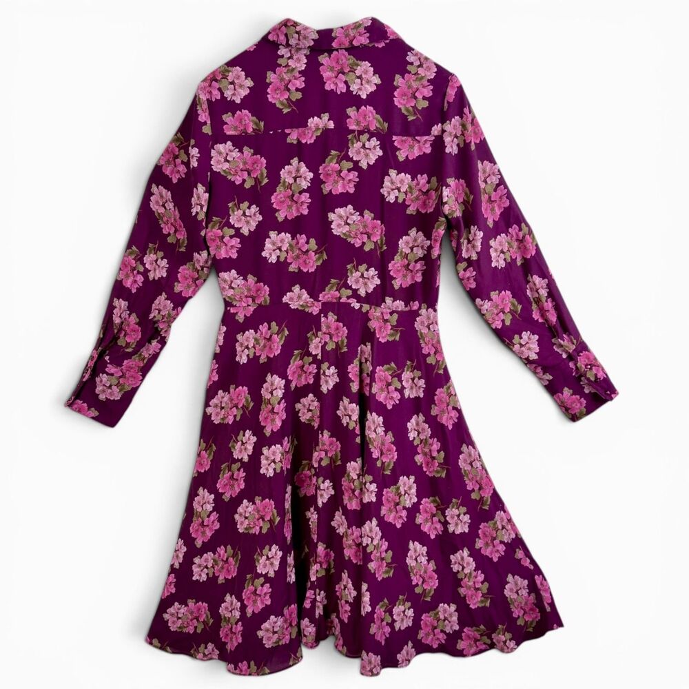 Nanette Lepore Burgundy Floral Button Front Long Sleeve Dress 4 Button Cuff Sz 8 - Picture 3 of 6